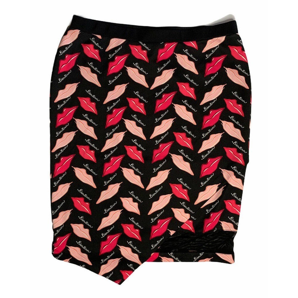 Bisou Bisou Black Pencil Skirt Lips Print Mesh‎ Detail Asymmetrical Bodycon XL